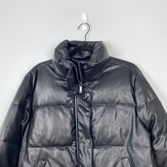 BCBGMaxazria Faux Leather Puffer Jacket Mock Neck Full Zip Black Coat Size Large - Picture 2 of 9